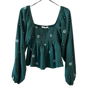 Altar'd State Dark Teal Embroidered Smocked Flounce Sleeves Floral Blouse Medium